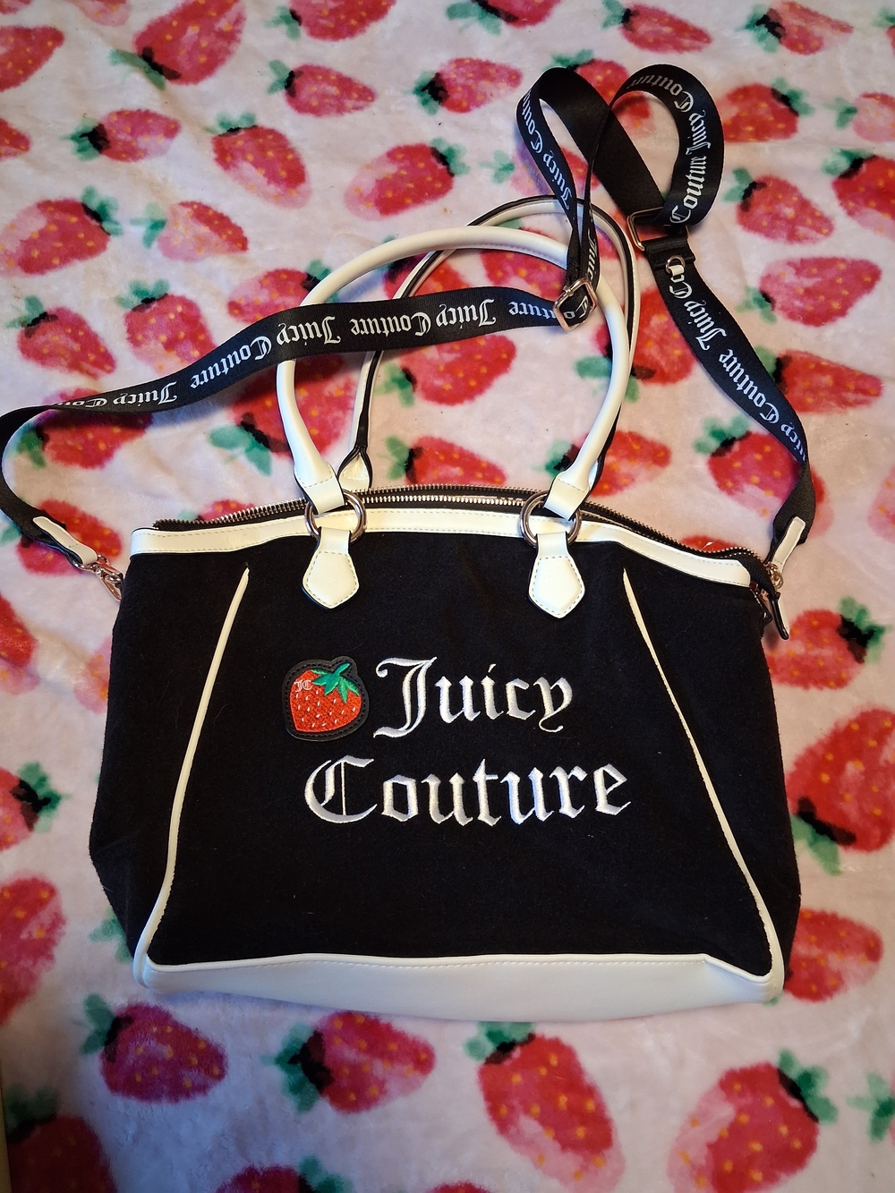 Juicy Couture Black and White Strawberry Logo Shoulder Bag